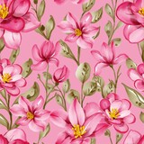 Seamless pattern with spring flowers pink and leaves for wallpaper background