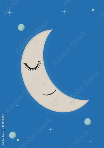 Luna cuarto creciente en cielo azul. carton, vector, dibujo, ilustracion.