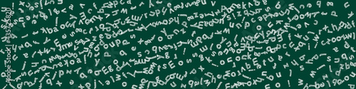 Falling letters of English language. Childish chalk flying words of Latin alphabet. Foreign languages study concept. Unique back to school banner on blackboard background.