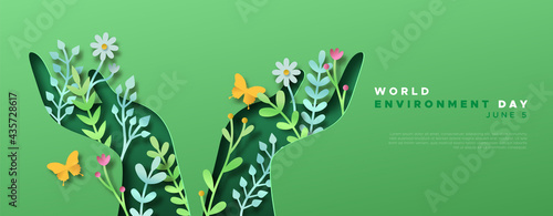 Environment Day green papercut hand web template