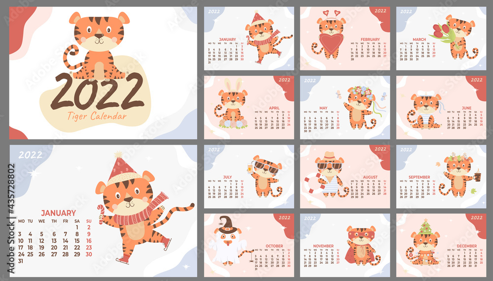 Wall calendar design template for august 2022, year of Tiger according to  the Chinese or Eastern calendar. Animal character. Vector illustration.  Week Stock Vector Image & Art - Alamy