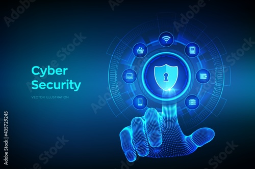 Cyber Security. Data protection business concept on virtual screen. Shield protect icon. Internet privacy and safety. Antivirus interface. Robotic hand touching digital interface. Vector illustration.