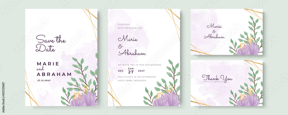 Floral wedding invitation card template design, Purple yellow green flowers with ampersand lettering on white, pastel vintage theme