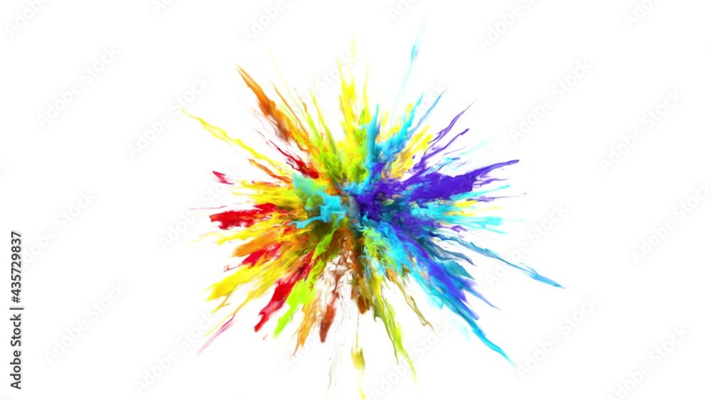 Color Burst iridescent rainbow multicolored colorful smoke powder explosion with trails. Fluid ink particles slow motion. Alpha matte isolated on white