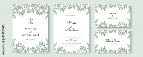 Wedding invitation set with green foliage branches watercolor. Wedding floral golden invitation card save the date design with pink flowers