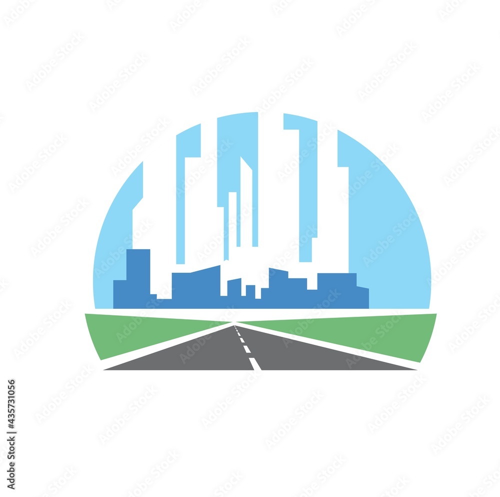 Freeway path, speed highway icon with skyscrapers. Vector freeway, asphalt road with straight roadway and metropolis skyline on horizon. Road travel, transportation industry symbol