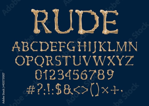 Font with bone letters, creepy ABC typee alphabet. Halloween or Dia de los Muertos Day vector type with skeleton bones, scary latin letters, spooky arabic digits and horror special symbols