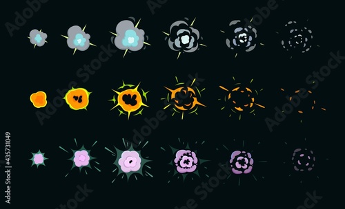 Explosion animation frames, boom effect or blast movement sequences. Shot energy fireballs, smoke or dust clouds and burst flash. Explosion splash vector bubbles, comic puff and bang animated effects