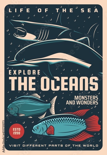 Ocean undersea world and sea life, underwater travel vector retro poster. Oceanarium wild life and undersea monsters or wonders boat tours and excursions, underwater coral reef adventure