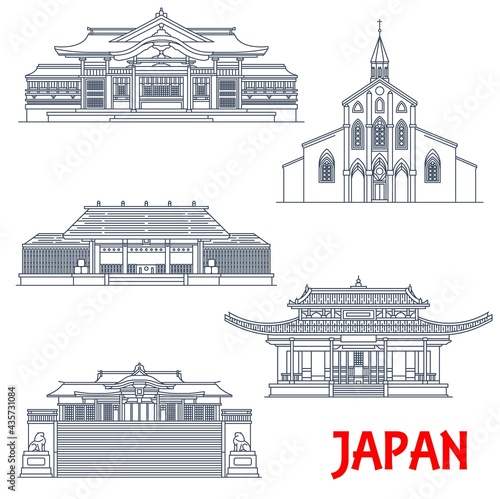 Japanese temples, Japan architecture, landmarks and pagoda buildings, vector. Japan travel and Buddhist shrines, Amano Iwato in Miyazaki, Suwa temple and Oura catholic Church in Nagasaki prefecture