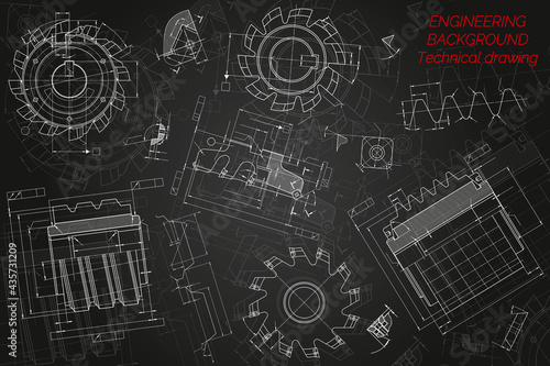 Mechanical engineering drawings on black background. Cutting tools, milling cutter. Technical Design. Cover. Blueprint. Vector illustration.