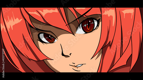 Illustration eines Gesichts verärgerter Frau mit stechendem Blick und roten Haaren