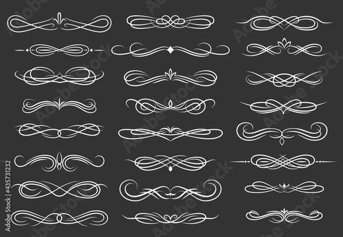 Dividers and border floral embellishments. Vector vintage ornaments, floral decorations and elegant curly boders. Frames and retro dividers white swirls and thin lines