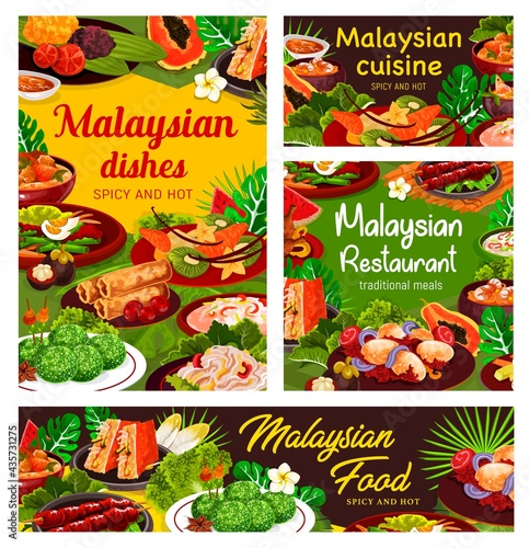 Malaysian cuisine posters, vector seafood, vegetable and meat food dishes with rice dessert. Shrimp noodle soup, beef rendang, egg curry and veggie salad, prawn spring rolls, satay and stuffed tofu