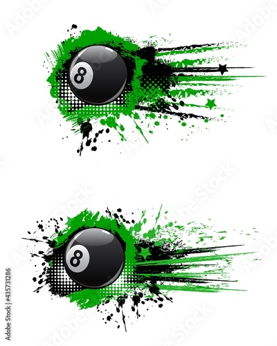 Pool billiard sport grunge banners. Billiard eight-ball, black and green paint splashes, splatters and drops. Cue sports tournament game, retro banner with black ball, paint traces and halftone
