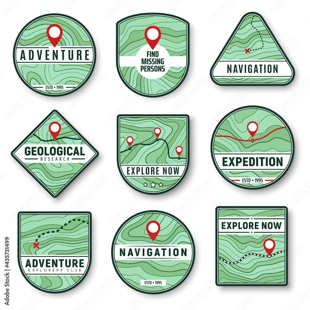 Topography and navigation isolated vector icons with topographic map, navigation pointers, road, highway and railroad, path, route and cross symbols. Navigation, adventure and discovery badges design - obrazy, fototapety, plakaty 