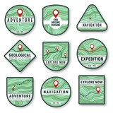 Topography and navigation isolated vector icons with topographic map, navigation pointers, road, highway and railroad, path, route and cross symbols. Navigation, adventure and discovery badges design
