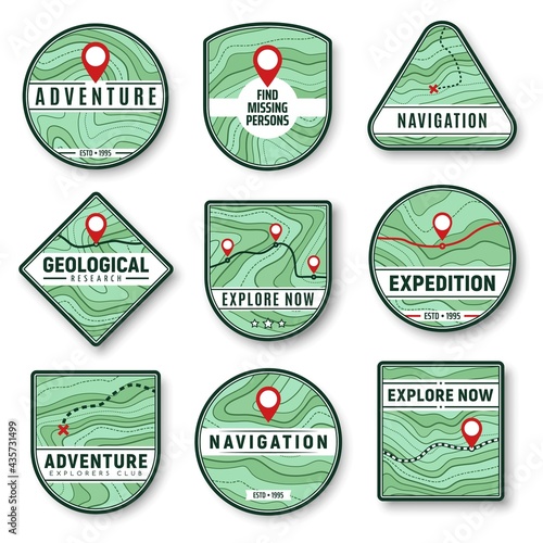 Topography and navigation isolated vector icons with topographic map, navigation pointers, road, highway and railroad, path, route and cross symbols. Navigation, adventure and discovery badges design photo