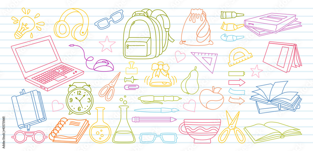 Sketch in notebook Back to School doodle cartoon set. Learning school line. First day of school equipment, Education concept icon kit. Scissors, laptop, glasses book backpack, paints outline vector Sketch in notebook Back to School doodle cartoon set. Learning school line. First day of school equipment, Education concept icon kit. Scissors, laptop, glasses book backpack, paints outline vector