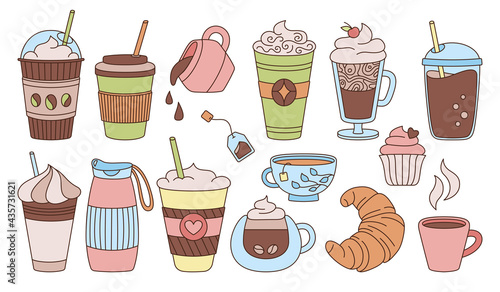 Coffee cup colored sketch cartoon set. Trendy doodle flat various cups to go. Glass drink foam, croissant. Hot chocolate glass tea. Different disposable coffee cup icon collection. Vector illustration