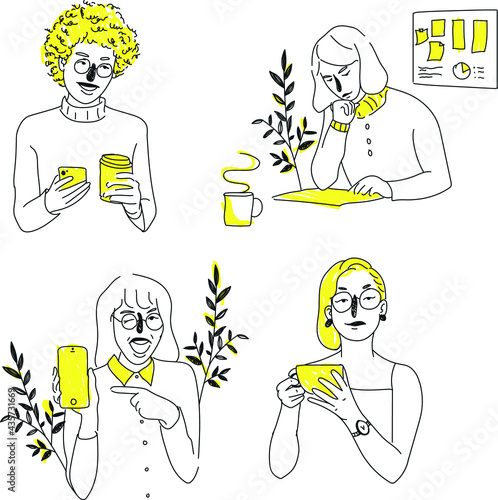 people holding smartphone and studying by tablet with a cup of coffee