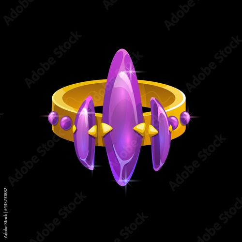Magic ring with purple gemstones, vector wizard sorcerer or witch gold jewel with precious gems. Golden fantasy jewelry with violet crystal. Isolated cartoon design element for computer game interface