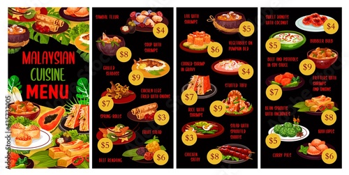 Malaysian cuisine menu meals with vector Asian seafood, vegetable and meat food. Rice, coconut beef stew and soups with noodles, shrimps and chicken, grilled fish, fruit salad, spring rolls and curry