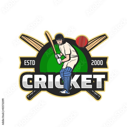 Cricket sport icon, club and team league badge or vector tournament emblem. Cricket championship cup icon, batsman player in sport uniform with bat striking ball, cricket game competition