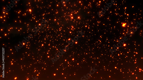 舞う火花と火の粉 Fire embers particles over black background. Fire sparks background. Abstract dark glitter fire particles lights