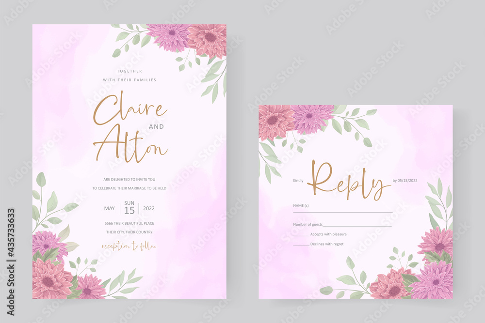 Wedding invitation design with pink chrysanthemum flower