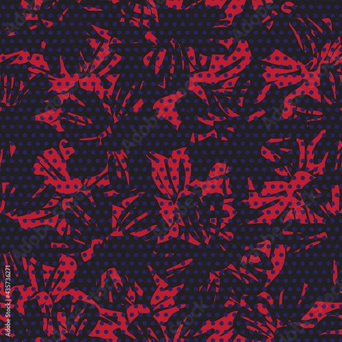 Red Botanical Tropical Floral Seamless Pattern with dotted Background