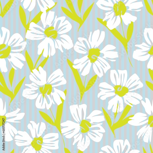 Yellow Botanical Floral Seamless Pattern with striped Background