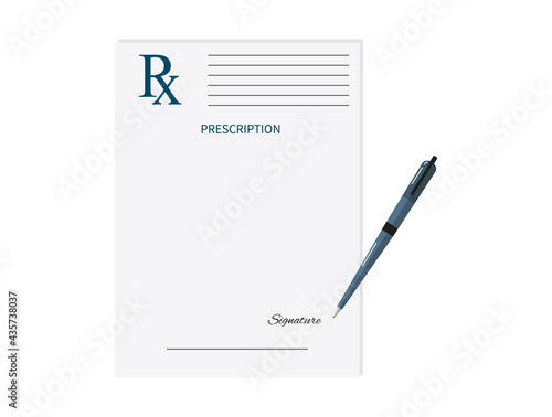 Signing a prescription pad  medical form. Realistic paper document template of doctor's prescription with pen. An example of a recipe for design. Medical marks report, healthcare concept. Vector 