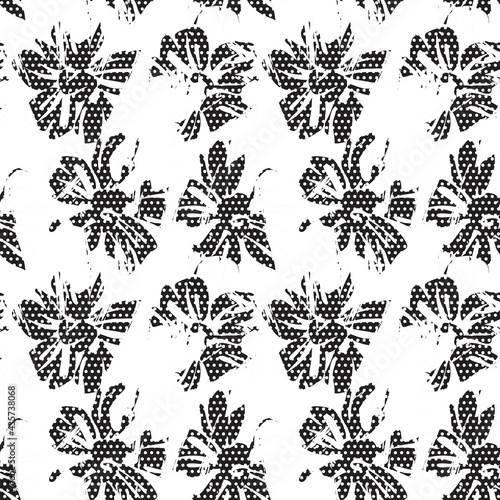 Black and White Botanical Tropical Floral Seamless Pattern with dotted Background