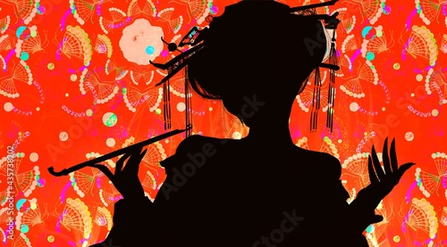Fotografie Silhouette of a prostitute of Yoshiwara brothel having a smoke tube In front of