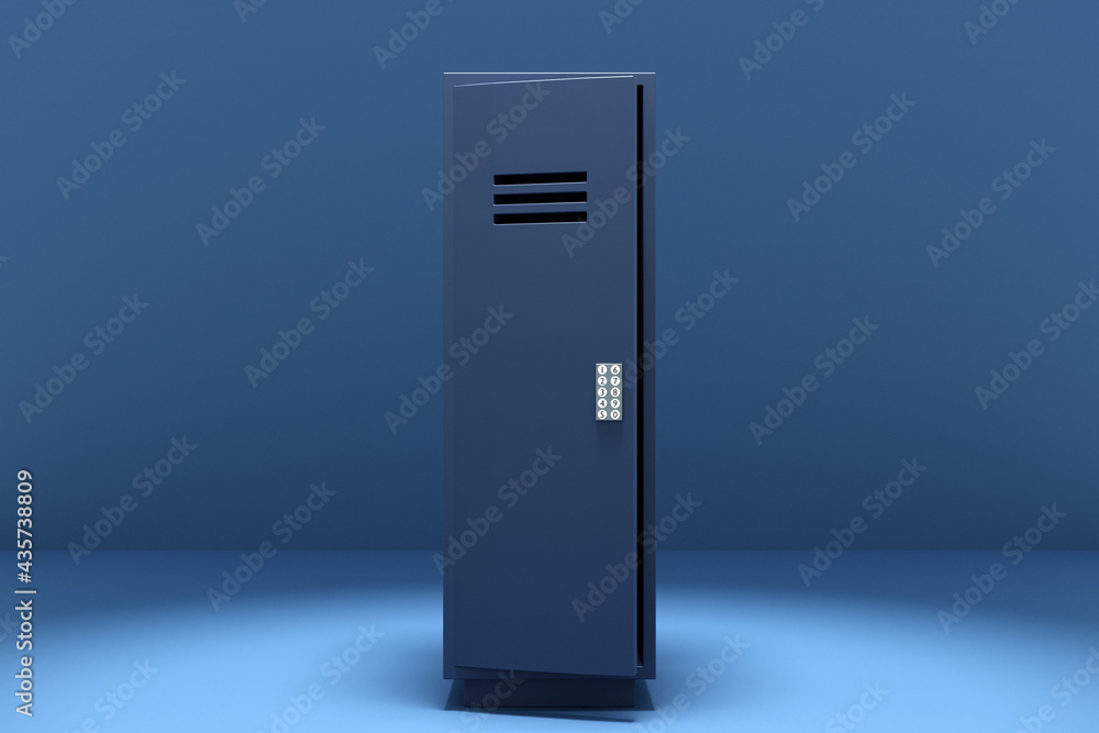 3d illustration of a metal safe with a code call on a blue background. Individual booth for clothes and things 3d illustration of a metal safe with a code call on a blue background. Individual booth for clothes and things