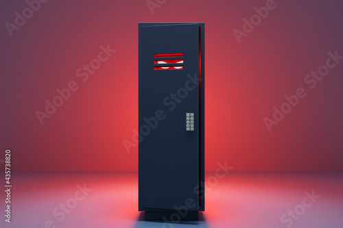 3d illustration of scary glowing eyes of a monster looking out of a metal safe for clothes and things on a red background.