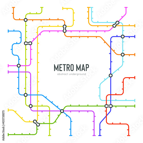 Abstract metro map in shape of square. Vector subway underground scheme. City transportation diagram concept. Colorful metro journey for poster design.