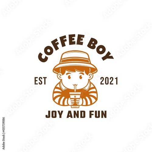 coffee boy. mascot logo of coffee shop. a boy drinking a cup of coffee. vector illustration