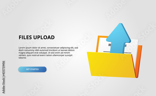 3d open folder contains file document upload arrow illustration data transfer backup memory concept with white background