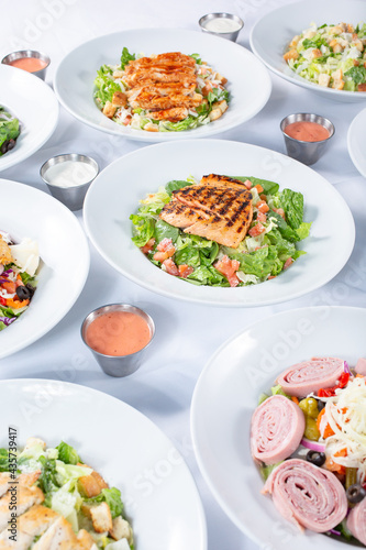 A view of several salad plates, featuring grilled salmon, antipasto, and BBQ chicken.