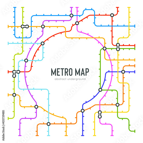 Abstract metro map in shape of circle. Vector subway underground scheme. City transportation diagram concept. Colorful metro journey for poster design.