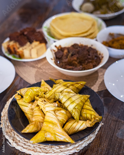 Traditional Malay Food and cookies during Ramadan and Eid Mubarak. Hari Raya Aidilfitri. Ketupat, rendang, lemang, dodol, biskut.