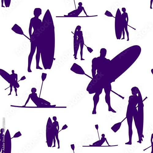 Seamless backgroung. Men and women with surf board