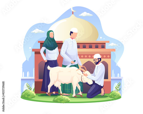 People are sacrificing goats or qurban on Eid al Adha. Happy Eid Al Adha Mubarak. Flat vector illustration