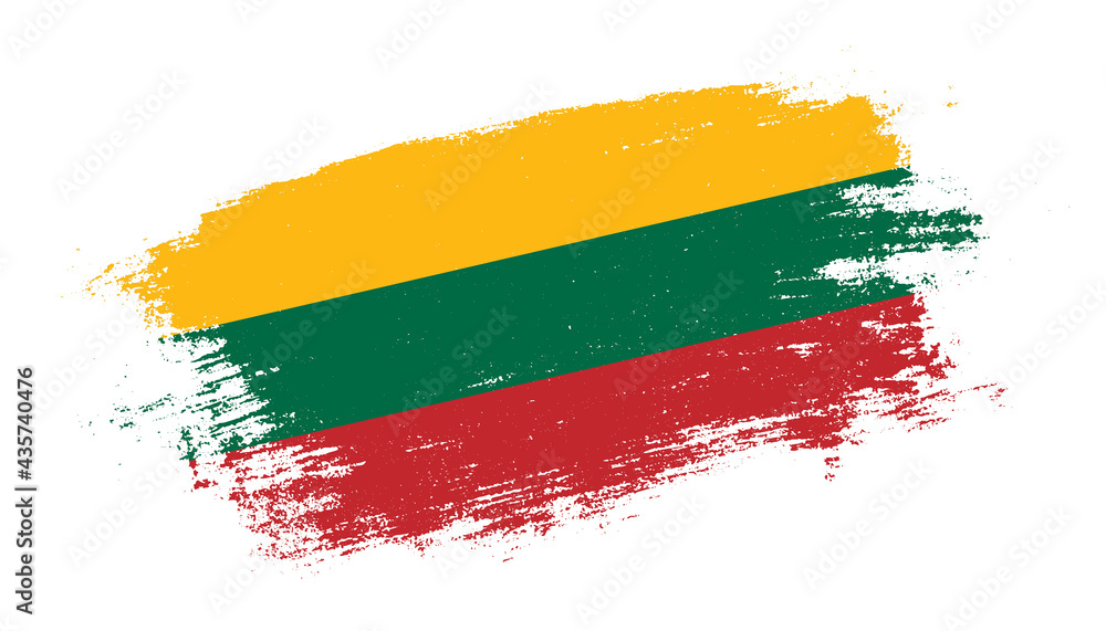 Obraz premium Flag of Lithuania country on brush paint stroke trail view. Elegant texture of national country flag