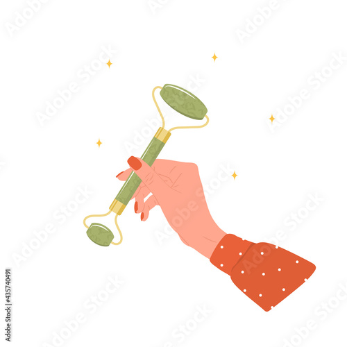 Jade facial roller. Female hand holding natural green nephrite stone for gua sha massage. Trendy beauty treatment. Skin care equipment for SPA. Vector illustration in flat cartoon style.