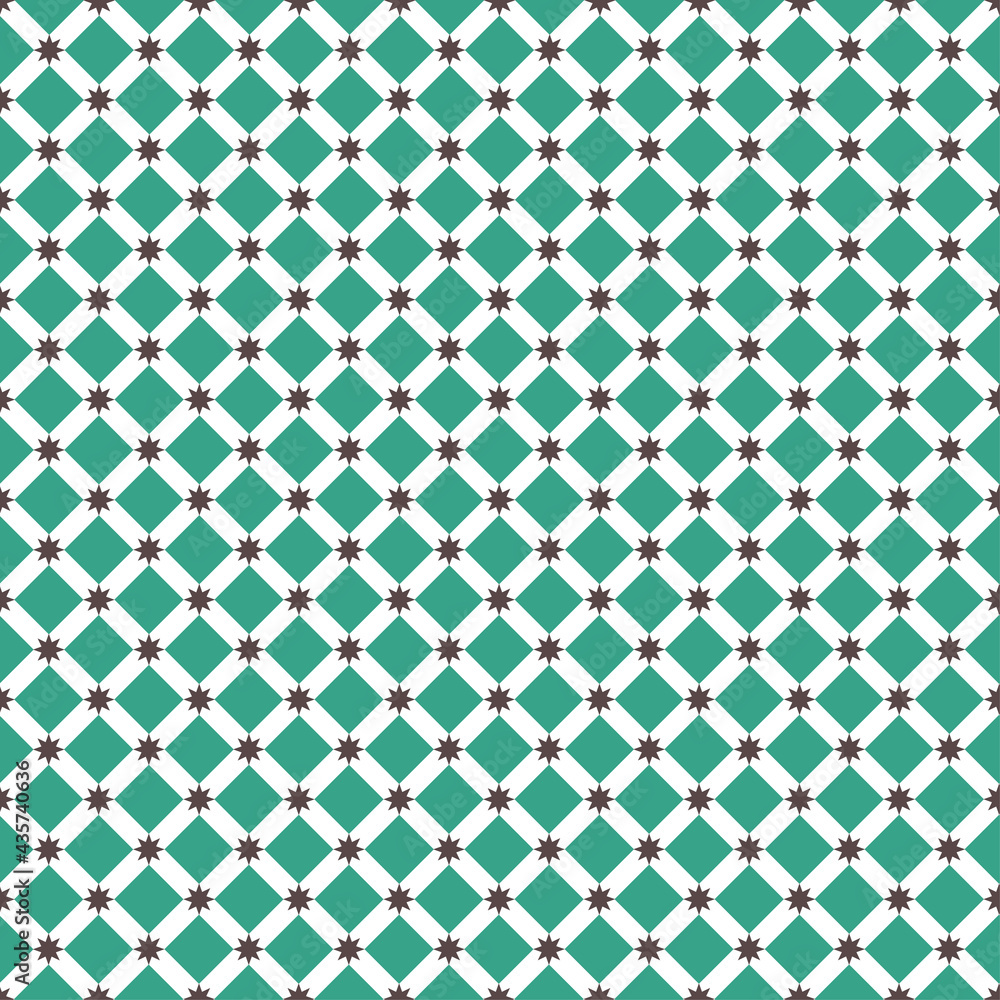 Vector seamless repeat pattern. Vintage style texture background illustrate by repeating connection pattern of geometric blue square and brown star and white background in earth tone color.