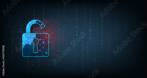  Data attacks.Visualization of cyber attacks With Padlock  destroyed on dark blue background.Cyber attack and Information leak concept.Vector illustration.