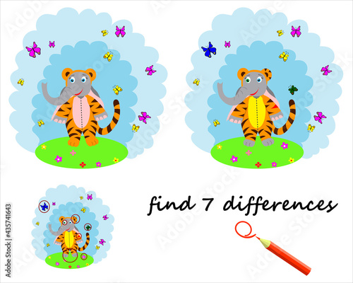find the difference, the cartoon elephant is standing near the rainbow. a game for children. vector